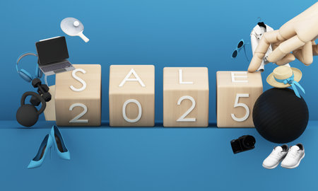 3D render of SALE 2025 blocks being flipped by a wooden hand, surrounded by lifestyle and shopping elements on blue background.の写真素材