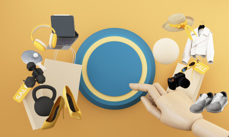 3D illustration of a wooden hand pressing a large circular button surrounded by shopping items,...