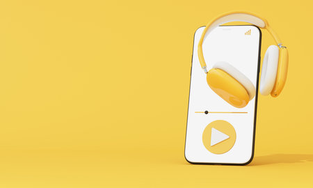 Minimalist mobile phone interface with headphones and audio controls on yellow background. Clean 3D concept for listening apps. 3d renderingの写真素材