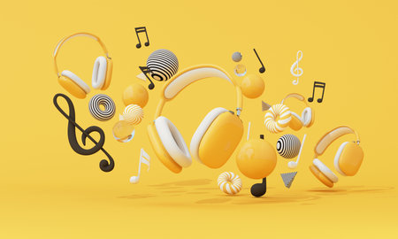 A group of yellow headphones with musical symbols and 3D spheres on a vibrant yellow background. Artistic audio lifestyle concept. 3d renderingの写真素材