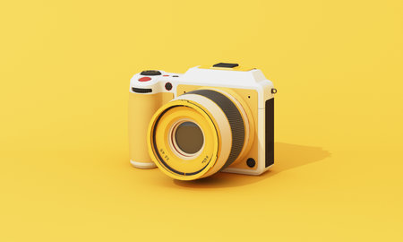 Minimal close-up 3D rendering of a compact digital camera on a clean yellow backdrop. Ideal for tech and product themes. 3d rendering.の写真素材