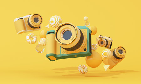 Multiple 3D cameras flying among abstract yellow and white elements, representing creativity and visual media in motion. 3d rendering.の写真素材