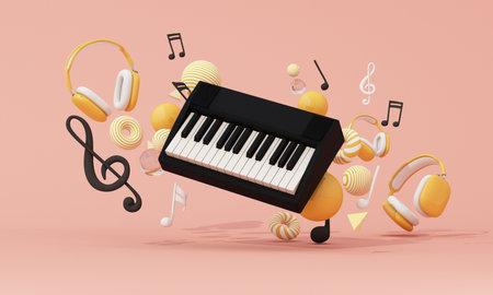 Floating keyboard and headphones in a surreal composition with vibrant musical notes and abstract objects in a fun and modern 3d rendering.の写真素材