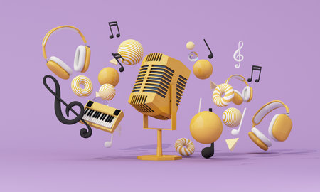 Retro microphone, musical notes, and headphones forming a creative sound concept. 3d rendering.の写真素材