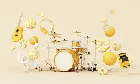Colorful drum kit surrounded by guitar, notes, headphones, and floating spheres on pastel background, symbolizing joyful music and creativity. 3d rendering.の写真素材