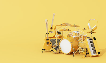 A vibrant yellow music setup with drum kit, electric and acoustic guitars, keyboard, microphone, and headphones on monochrome yellow background. Music performance 3d rendering.の写真素材