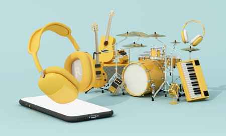 Yellow musical instruments and smartphone with headphones in abstract floating composition on green background, representing mobile music apps. 3d rendering.の写真素材
