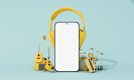 Yellow music gear including drums, keyboard, guitars and headphones surrounding smartphone on pastel background, symbolizing modern music experience. 3d rendering.の写真素材