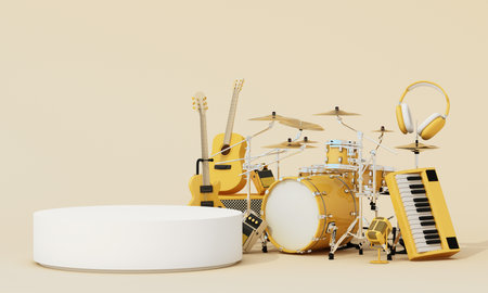 Yellow musical instruments including drum set, guitars, keyboard, and ...