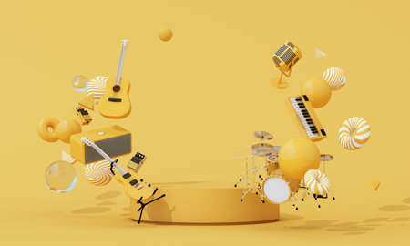 Surreal floating musical instruments and abstract shapes in bright yellow setup. Creative 3D scene for music, entertainment, or event promotion visuals. 3d rendering.の写真素材