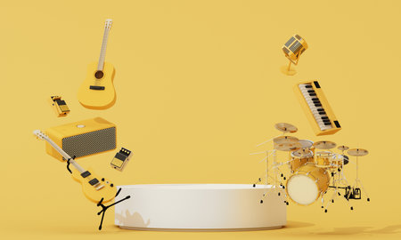 Dynamic arrangement of floating yellow musical instruments around white round podium on monochrome background. Modern music vibe in minimal yellow theme. 3d rendering.の写真素材