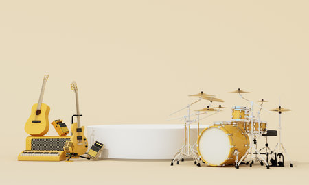 Collection of yellow musical instruments on soft beige background with white product stand. Perfect for music-themed promotions or creative display. 3d rendering.の写真素材