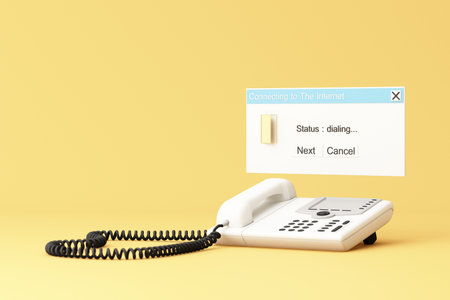Old dial-up telephone with pop-up internet connection status window, reflecting early days of online access. 3d rendering.の写真素材