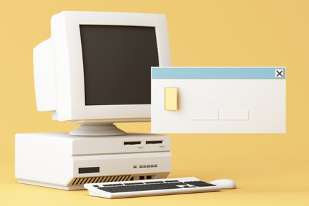 Retro computer setup with dialog window pop-up, minimal color palette and 3D style, evoking early UI design nostalgia. 3d rendering.の写真素材