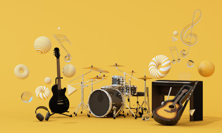 Full band setup with drum set, electric guitar, acoustic guitar, and keyboard floating in vibrant yellow space. 3d rendering.の写真素材