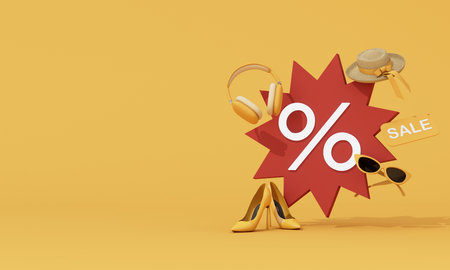 Minimal discount symbol with select yellow shopping items. 3d rendering.