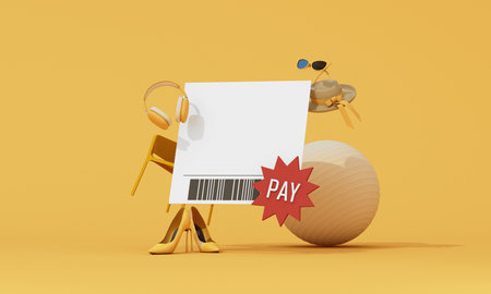 Simplified receipt layout with barcode and stylish accessories. 3d rendering.