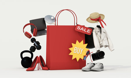 Red shopping bag with SALE and BUY tags, filled with lifestyle and fashion items. Perfect for online promotions. 3d rendering.の写真素材