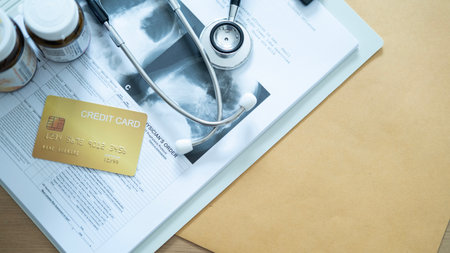Golden credit card on medical documents with stethoscope and medicine bottles, representing health...