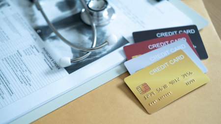 A set of credit cards near medical records and a stethoscope, concept of paying medical fees with...
