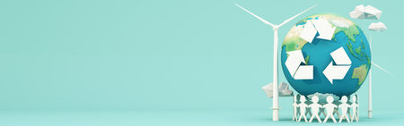 A minimalist 3D illustration of Earth held by a circle of people, expressing global unity and...