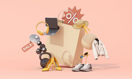A stylish shopping concept with various items such as headphones, a laptop, high heels, sports gear,...