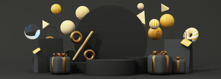 Dark luxury stage with golden percent symbol, black gift boxes, and sale bags. Perfect for Black...