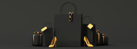 Bold Black Friday concept with black shopping bags, golden gifts, and yellow heels. Elegant dark...