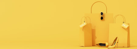 Minimal yellow theme shopping scene with sale tags, gift boxes, and elegant heels. Bright and...