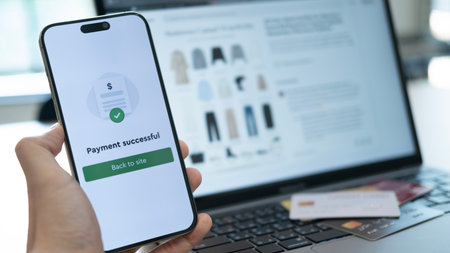 Holding a phone with payment success displayed, and a credit card placed below, highlighting the...