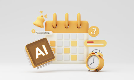 AI with calendar, notifications, and clock illustrating digital planning, smart reminders, and...