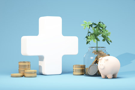 White cross, piggy bank, and jar of coins with growing plant representing financial stability, savings, and health investment 3d rendering.の写真素材