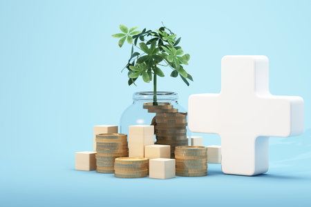 Glass jar with coins and growing plant surrounded by stacks of money and white cross symbol showing financial security 3d rendering.の写真素材