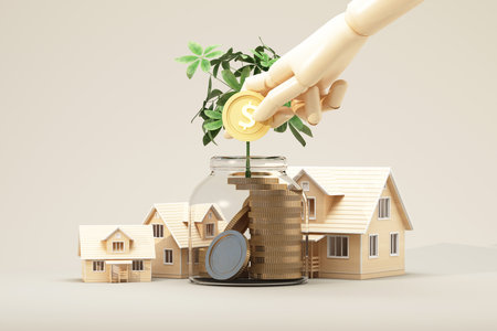 Wooden houses and a growing plant from a coin jar illustrate eco-friendly investment, financial growth, and sustainable property planning, 3d rendering.の写真素材