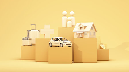 An umbrella covers family, home, car, health, and savings, symbolizing total protection. 3d rendering.の写真素材