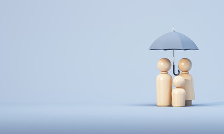 House, car, family, health, luggage, and umbrella shown together as complete insurance coverage concept. 3d rendering.の写真素材