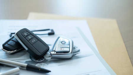 Black and silver car keys on a sales paper with envelope showing business agreement trade and auto...