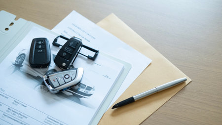 Car keys with documents and a pen on the desk representing the signing of a vehicle sales contract and ownership transfer processの写真素材
