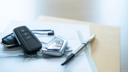 Remote car keys and pen placed on a document representing contract signing automobile purchase and ownership transferの写真素材