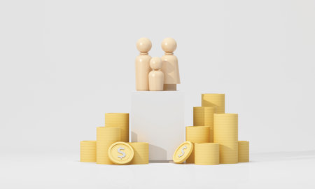 Wooden family figures standing with stacks of golden coins, symbolizing savings, wealth, financial security, and family investment 3d rendering.の写真素材
