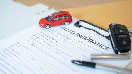 Auto insurance contract with pen key and red miniature car on folder representing secure policy...