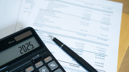 A black calculator showing 2025 placed on top of financial documents with a black pen nearby. The setup conveys focus on current financial reports and future investment direction.の写真素材