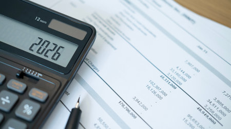 Close up of black calculator screen showing 2026 with detailed financial reports underneath. This composition highlights data analysis and preparation for upcoming financial decisions.の写真素材