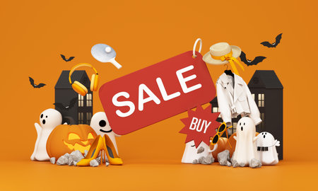 Halloween sale banner with cute ghosts, pumpkins, bats, and shopping items on orange background, perfect for seasonal promotion. 3d rendering.の写真素材