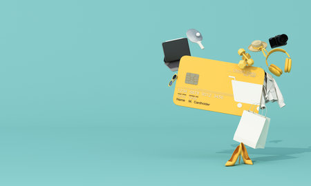 Floating yellow credit card carrying shopping bags, clothes, and gadgets on turquoise background, representing fashion and tech lifestyle shopping. 3d rendering.の写真素材