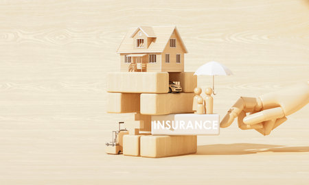Wooden house and family under an umbrella beside the word âINSURANCE,â representing comprehensive life and property insurance concept. 3d rendering.の写真素材