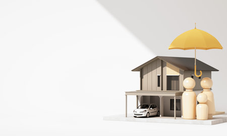 Modern family house with wooden figures under a yellow umbrella, symbolizing home and family insurance protection. 3d rendering.の写真素材