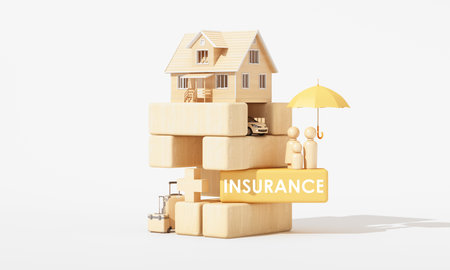 Wooden house with a car, family figures, and umbrella on stacked blocks labeled âINSURANCE,â symbolizing complete protection for home, car, and family. 3d rendering.の写真素材