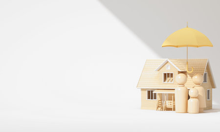 Wooden family figures standing under a yellow umbrella beside a cozy house, representing home insurance and family protection concept. 3d rendering.の写真素材