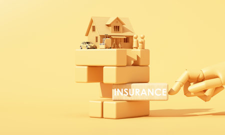 Wooden family, house, car, and luggage on stacked blocks with the word âINSURANCE,â showing home, travel, and vehicle protection. yellow tone. 3d rendering.の写真素材